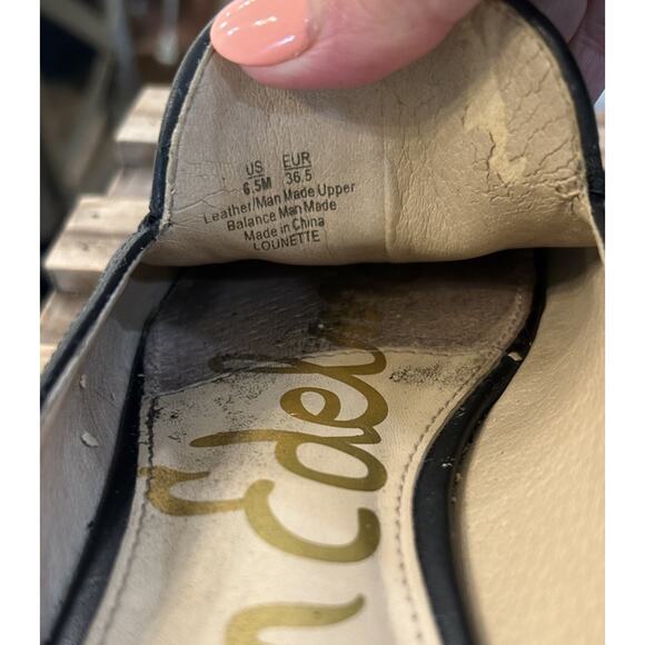 SAM EDELMAN LOUNETTE Size 6.5M Black Leather Mules Toe Gold Horsebit Flats Shoes - Picture 8 of 9